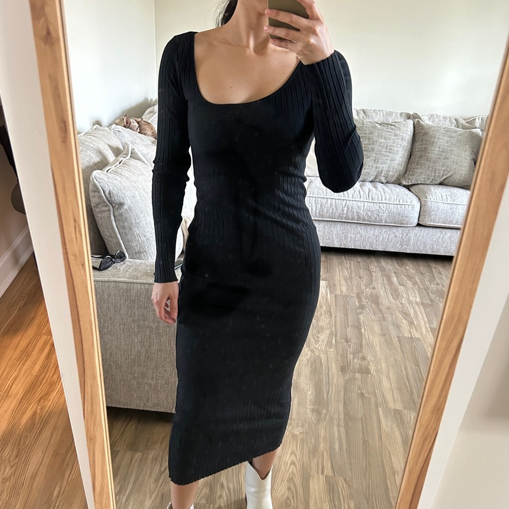 Zara NWT Asymmetrical Black Ribbed Dress | Long Sleeve Midi Dress